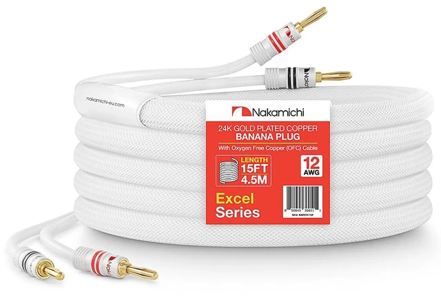 Main image of 24k Gold Plated Banana Plugs with 12 AWG Speaker Cable 99.9% OFC Oxygen-Free Copper, Excel Series, Heavy Duty Braided for Amplifier Receiver Hi-Fi Stereo Audio Wire - White (15 feet / 4.5m)