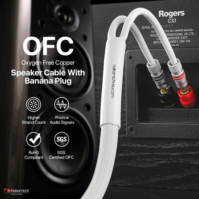Alt view image 5 of 7 - 24k Gold Plated Banana Plugs with 12 AWG Speaker Cable 99.9% OFC Oxygen-Free Copper, Excel Series, Heavy Duty Braided for Amplifier Receiver Hi-Fi Stereo Audio Wire - White (15 feet / 4.5m)