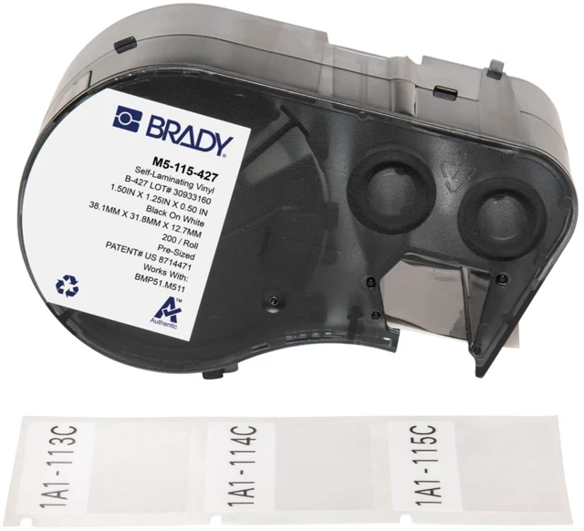 Main image of Authentic (M5-115-427) Self-Laminating Vinyl Wrap Around Labels 1.25" H x 1.5" W Black on White, Clear, 200 Labels. for use with the BMP51 and M511 Label Printers