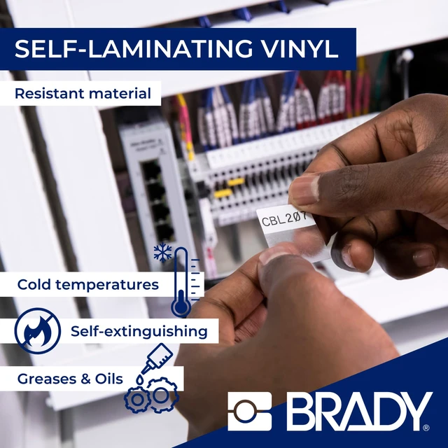 Alt view image 3 of 7 - Authentic (M5-115-427) Self-Laminating Vinyl Wrap Around Labels 1.25" H x 1.5" W Black on White, Clear, 200 Labels. for use with the BMP51 and M511 Label Printers