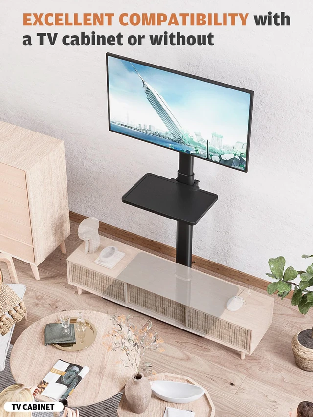 Alt view image 7 of 7 - Universal Floor TV Stand with Mount for 19 to 43 inch Flat Screen TV, 100 Degree Swivel,Adjustable Height and Tilt Function, 2 Shelves Space Saving Standing TV Mount for Bedroom Living Room Corner