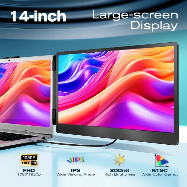 Alt view image 3 of 7 - Laptop Screen Extender, 14" IPS 1080 FHD Portable Monitor Built-in Speakers & Kickstand, Compatible with Mac Windows Android Dex Harmony, Fits 13"-17" Laptops