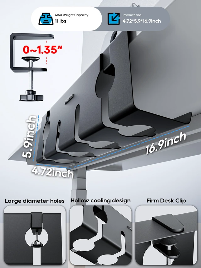 Alt view image 4 of 7 - No Drill Under Desk Cable Management Tray, 17'' Wire Management, Punch-Free Clamp on, Metal Cable Tray, Wire Organizer Under Desk, Under Desk Basket for Office and Home, Black(2 Packs)
