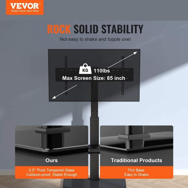 Alt view image 2 of 7 - Swivel TV Stand Mount, Adjustable Floor Stand for 32-85 Inch TVs, Holds Up to 110lbs, Height Adjustable with Tempered Glass Base, Max VESA 400x800mm for Living Room or Bedroom