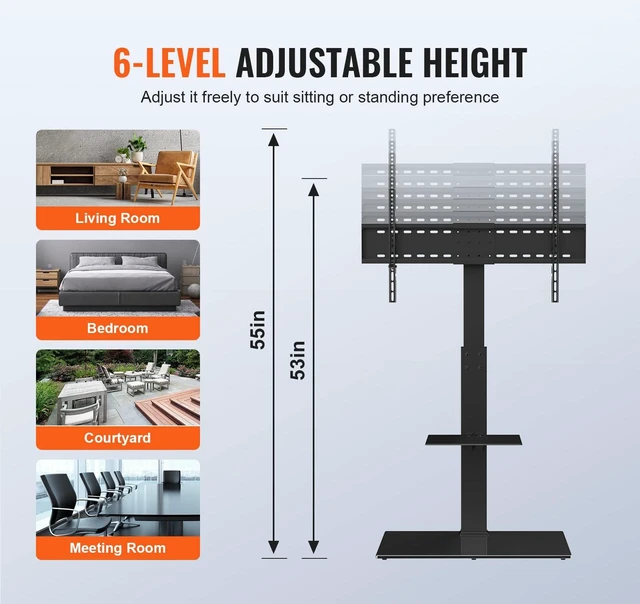 Alt view image 3 of 7 - Swivel TV Stand Mount, Adjustable Floor Stand for 32-85 Inch TVs, Holds Up to 110lbs, Height Adjustable with Tempered Glass Base, Max VESA 400x800mm for Living Room or Bedroom