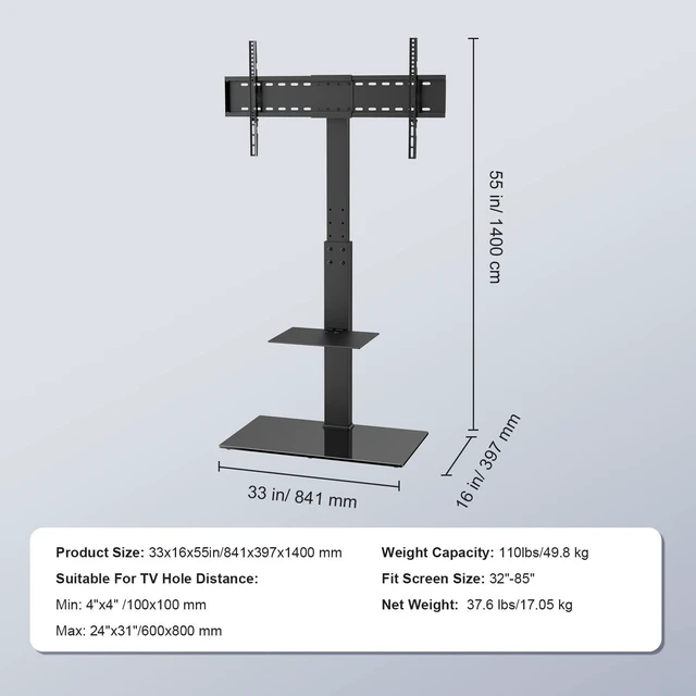 Alt view image 7 of 7 - Swivel TV Stand Mount, Adjustable Floor Stand for 32-85 Inch TVs, Holds Up to 110lbs, Height Adjustable with Tempered Glass Base, Max VESA 400x800mm for Living Room or Bedroom