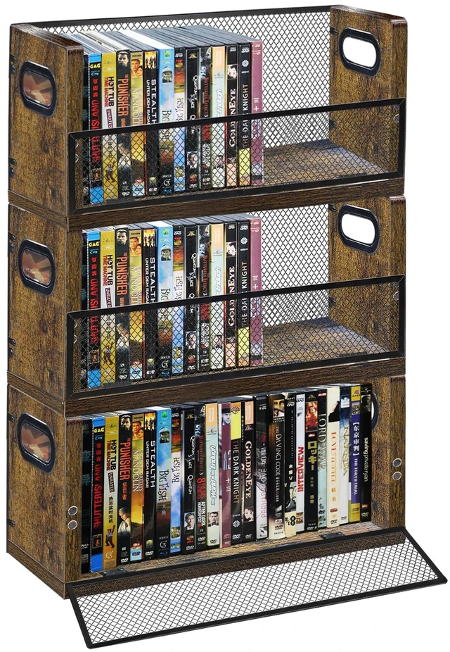 Main image of PUTNATRURE DVD CD Storage Rack, 3 Pack Holds 84 DVDs (28 Each), Stackable Wood & Metal DVD Tower with Magnetic Opening Door for Easy Access, Desktop Organizer for Blu ray, Video Game Cases, VHS Tapes