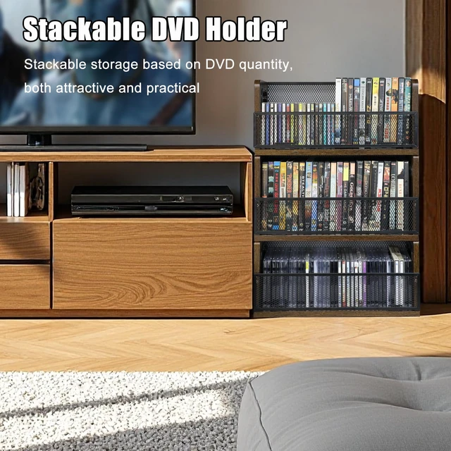 Alt view image 7 of 7 - PUTNATRURE DVD CD Storage Rack, 3 Pack Holds 84 DVDs (28 Each), Stackable Wood & Metal DVD Tower with Magnetic Opening Door for Easy Access, Desktop Organizer for Blu ray, Video Game Cases, VHS Tapes