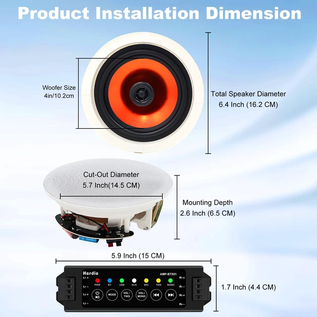 Alt view image 5 of 7 - 4 Inch 480 Watts High Power Bluetooth Ceiling Speakers - 4 Recessed Speakers, Crisp Surround Sound for Home Theater, Bedroom, Kitchen, Office & Covered Patio(2 Paris)