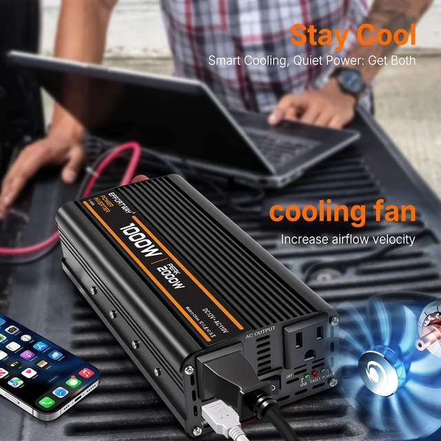 Alt view image 7 of 7 - 1000W Power Inverter, Inverter 12V to 110V with 2 AC Outlets, 2.1A USB Port, Car Power Inverter with Alligator Battery Clamp for Phone, Laptop on Camping, Road Trip