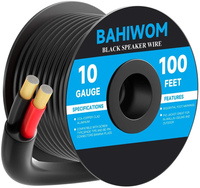 Main image of Outdoor Speaker Wire 10 Gauge 100FT CL3 Rated CCA Speaker Cable Black PVC Jacket 2 Conductors Red & Black Polarity Mark for Direct Burial,Backyard,Garden,Marine,Home Theater & In-Wall