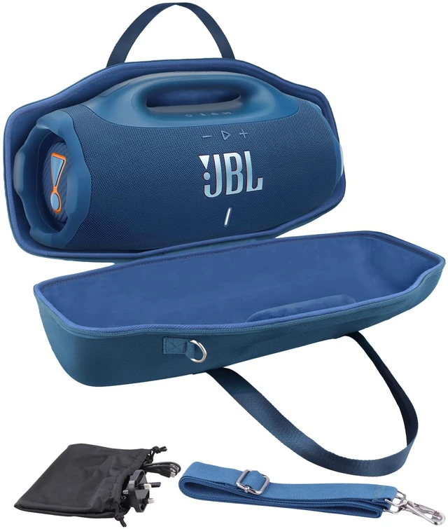 Main image of Hard Case for JBL Boombox 4 Portable Bluetooth Speaker, Blue Velvet Accessory Pouch, Integrated Handle Slot, Cable Organization, Shoulder Strap, Soft Velvet Lining, Secure Carrying