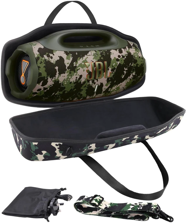 Main image of Hard Case for JBL Boombox 4 Portable Bluetooth Speaker, Camo Velvet Accessory Pouch, Integrated Handle Slot, Cable Organization, Shoulder Strap, Soft Velvet Lining, Secure Carrying