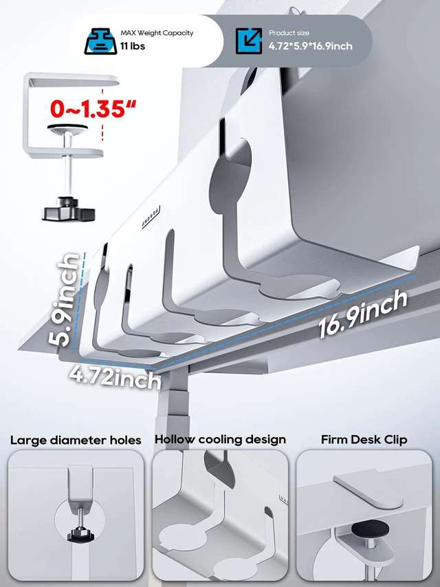 Alt view image 4 of 7 - No Drill Under Desk Cable Management Tray, 17'' Wire Management, Punch-Free Clamp on, Metal Cable Tray, Wire Organizer Under Desk, Under Desk Basket for Office and Home, White(2 Packs)
