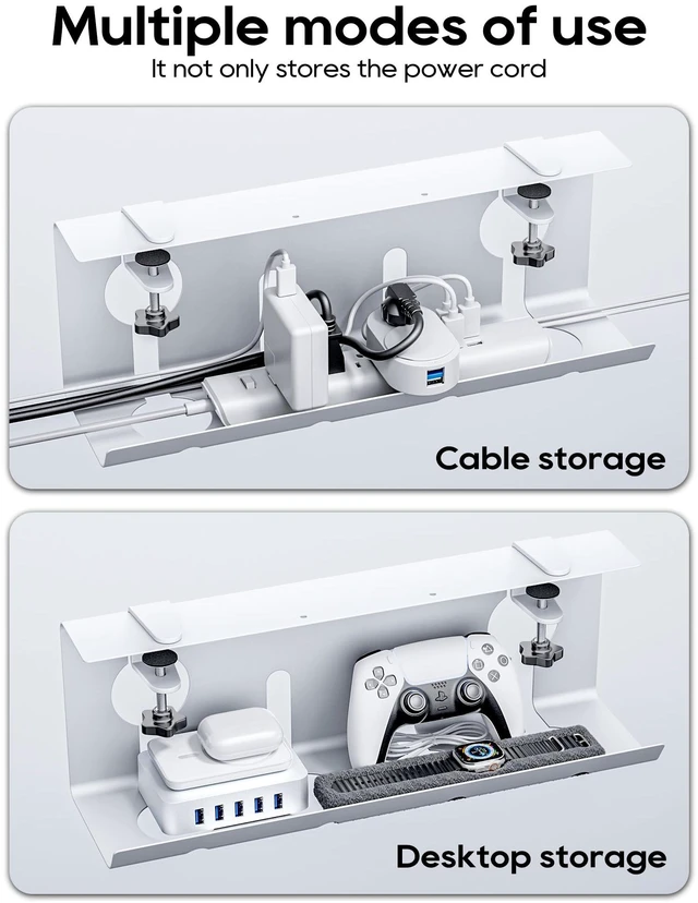 Alt view image 6 of 7 - No Drill Under Desk Cable Management Tray, 17'' Wire Management, Punch-Free Clamp on, Metal Cable Tray, Wire Organizer Under Desk, Under Desk Basket for Office and Home, White(2 Packs)