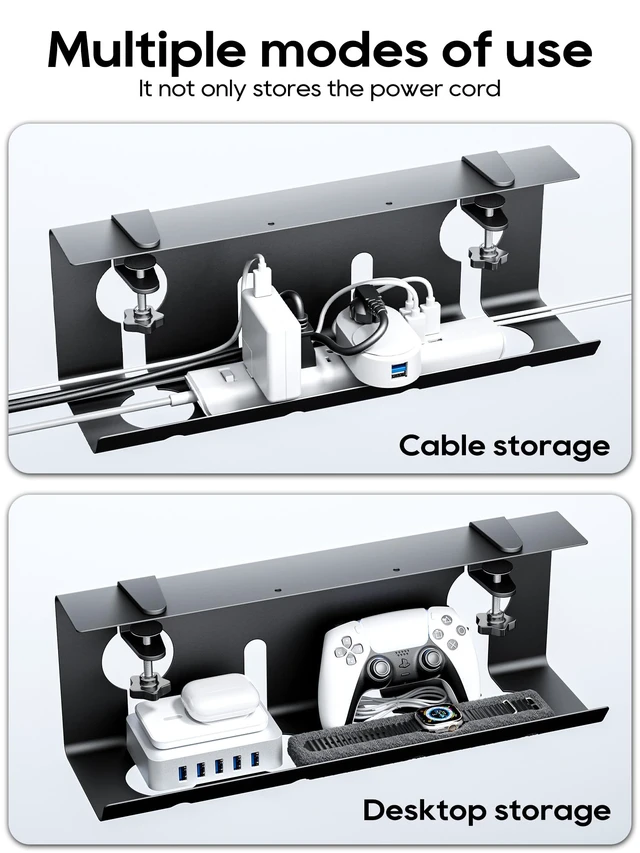 Alt view image 6 of 7 - No Drill Under Desk Cable Management Tray, 17'' Wire Management, Punch-Free Clamp on, Metal Cable Tray, Wire Organizer Under Desk, Under Desk Basket for Office and Home, Black(2 Packs)