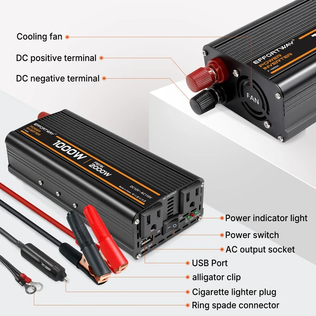 Alt view image 6 of 7 - 1000W Power Inverter, Inverter 12V to 110V with 2 AC Outlets, 2.1A USB Port, Car Power Inverter with Alligator Battery Clamp for Phone, Laptop on Camping, Road Trip