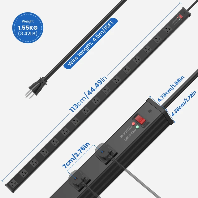Alt view image 7 of 7 - Long 16 Outlet Power Strip Surge Protection 4800J, Wide Spaced Industrial Heavy Duty Outlets with 20Amp Switch, High Amp Extension Cord 6-20R T-Slot 15FT Black