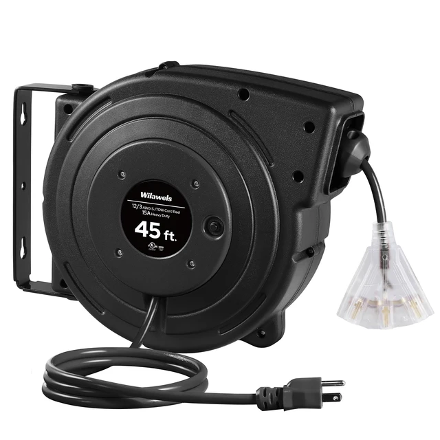 Main image of 12 Gauge Retractable Extension Cord Reel, 45 FT 12AWG/3C SJTOW Heavy Duty Power Cord, 3 Grounded OutletsTriple Tap Cord Reel, Ceiling & Wall Mount, 15 Amp Circuit Breaker, UL Listed, H45CR06