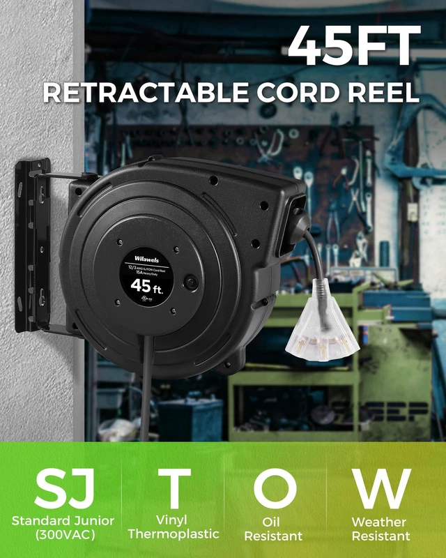 Alt view image 2 of 7 - 12 Gauge Retractable Extension Cord Reel, 45 FT 12AWG/3C SJTOW Heavy Duty Power Cord, 3 Grounded OutletsTriple Tap Cord Reel, Ceiling & Wall Mount, 15 Amp Circuit Breaker, UL Listed, H45CR06