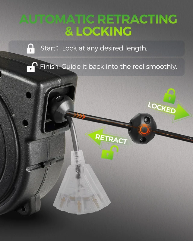 Alt view image 3 of 7 - 12 Gauge Retractable Extension Cord Reel, 45 FT 12AWG/3C SJTOW Heavy Duty Power Cord, 3 Grounded OutletsTriple Tap Cord Reel, Ceiling & Wall Mount, 15 Amp Circuit Breaker, UL Listed, H45CR06