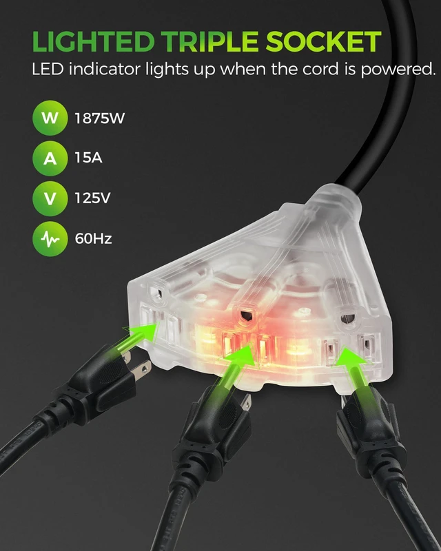 Alt view image 4 of 7 - 12 Gauge Retractable Extension Cord Reel, 45 FT 12AWG/3C SJTOW Heavy Duty Power Cord, 3 Grounded OutletsTriple Tap Cord Reel, Ceiling & Wall Mount, 15 Amp Circuit Breaker, UL Listed, H45CR06