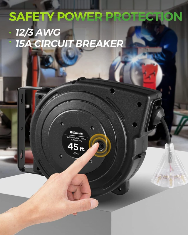 Alt view image 5 of 7 - 12 Gauge Retractable Extension Cord Reel, 45 FT 12AWG/3C SJTOW Heavy Duty Power Cord, 3 Grounded OutletsTriple Tap Cord Reel, Ceiling & Wall Mount, 15 Amp Circuit Breaker, UL Listed, H45CR06