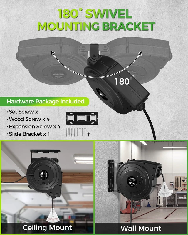 Alt view image 7 of 7 - 12 Gauge Retractable Extension Cord Reel, 45 FT 12AWG/3C SJTOW Heavy Duty Power Cord, 3 Grounded OutletsTriple Tap Cord Reel, Ceiling & Wall Mount, 15 Amp Circuit Breaker, UL Listed, H45CR06