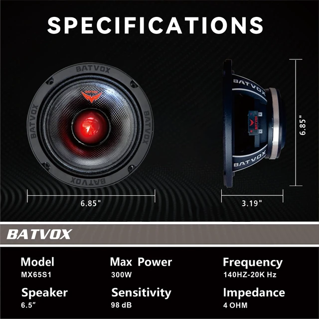 Alt view image 3 of 7 - MX65S1 Midrange Loudspeaker 6.5" Red Bullet, 600W Max, 4 Ohms, Premium Quality Audio Door Speakers for Car or Truck Stereo Sound System, Black (1 Speaker)