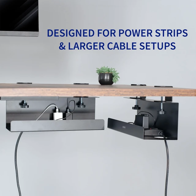 Alt view image 4 of 7 - Black Clamp-on 17 in Cable Management Tray, 2 Pack, DESK-CM6L-2B No Drill, Under Desk, Sturdy Steel Power Strip Holder, Under Standing Desk Steel Cord Organizer, 2 Trays