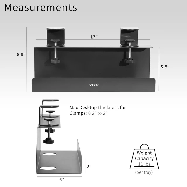 Alt view image 3 of 7 - Black Clamp-on 17 in Cable Management Tray, 2 Pack, DESK-CM6L-2B No Drill, Under Desk, Sturdy Steel Power Strip Holder, Under Standing Desk Steel Cord Organizer, 2 Trays