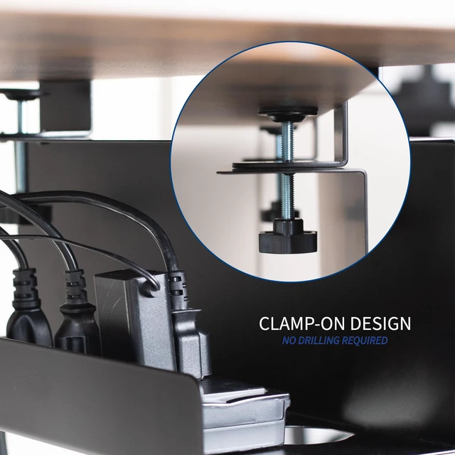 Alt view image 6 of 7 - Black Clamp-on 17 in Cable Management Tray, 2 Pack, DESK-CM6L-2B No Drill, Under Desk, Sturdy Steel Power Strip Holder, Under Standing Desk Steel Cord Organizer, 2 Trays