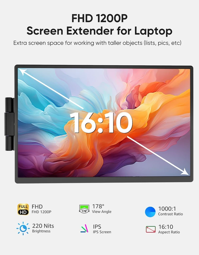 Alt view image 2 of 7 - Laptop Screen Extender, 14" FHD 1200P IPS External Portable Monitor for Laptop, Plug & Play Dual Screen Monitor for 14"-17" Laptops, Compatible with Mac, Wins, Chrome, Android, Dex