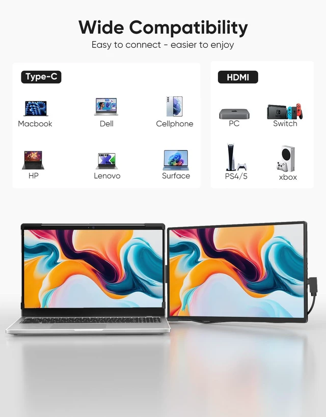 Alt view image 5 of 7 - Laptop Screen Extender, 14" FHD 1200P IPS External Portable Monitor for Laptop, Plug & Play Dual Screen Monitor for 14"-17" Laptops, Compatible with Mac, Wins, Chrome, Android, Dex