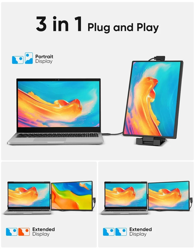 Alt view image 6 of 7 - Laptop Screen Extender, 14" FHD 1200P IPS External Portable Monitor for Laptop, Plug & Play Dual Screen Monitor for 14"-17" Laptops, Compatible with Mac, Wins, Chrome, Android, Dex