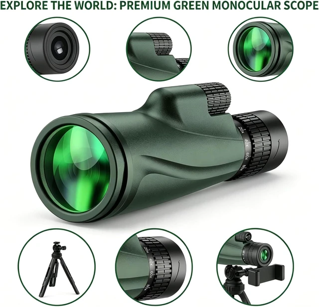 Alt view image 2 of 7 - Monocular Telescope 80 x 100 High Powered Monoculars for Adults with Tripod, Monocular for Smartphone Suitable for Bird Watching Larger Vision Monoculars for Adults with BAK4 Prism & FMC Lens Green