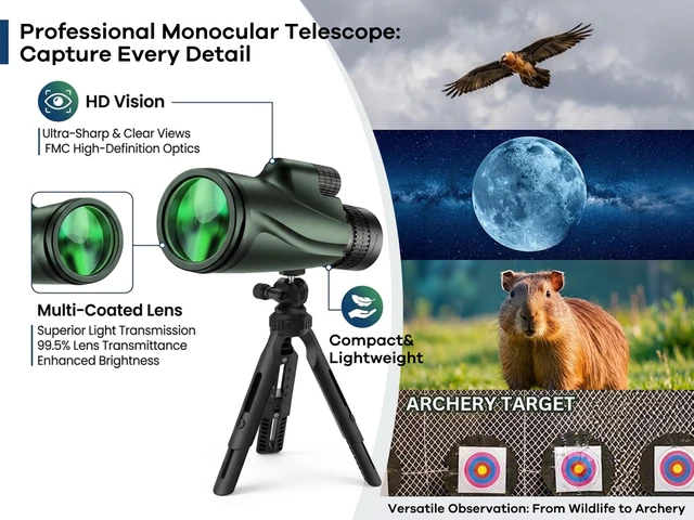 Alt view image 5 of 7 - Monocular Telescope 80 x 100 High Powered Monoculars for Adults with Tripod, Monocular for Smartphone Suitable for Bird Watching Larger Vision Monoculars for Adults with BAK4 Prism & FMC Lens Green