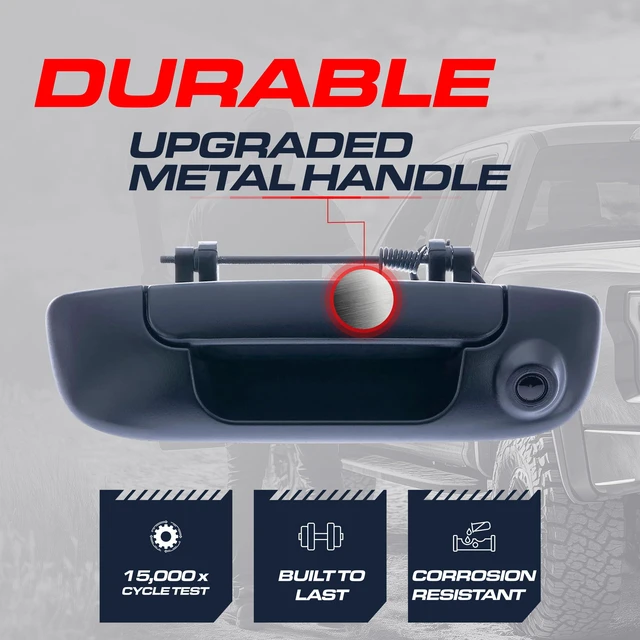 Alt view image 2 of 7 - Black Metal Tailgate Handle with Backup Camera Replacement for Dodge Ram 1500, 2500, 3500 (2002-2009) IP68 Waterproof Parking Grid Lines Available Easy to Install