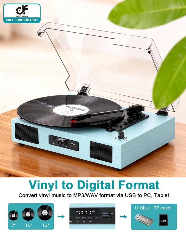 Alt view image 2 of 7 - Vinyl Record Player with Speakers and Bluetooth, USB Recording, Blue 3-Speed Belt-Drive Turntable, SD card/USB/LED Display, Built-in Stereo Speakers,RCA Output,Auto Stop for 7/10/12 Vinyl