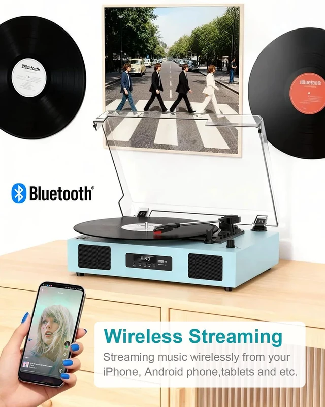 Alt view image 3 of 7 - Vinyl Record Player with Speakers and Bluetooth, USB Recording, Blue 3-Speed Belt-Drive Turntable, SD card/USB/LED Display, Built-in Stereo Speakers,RCA Output,Auto Stop for 7/10/12 Vinyl