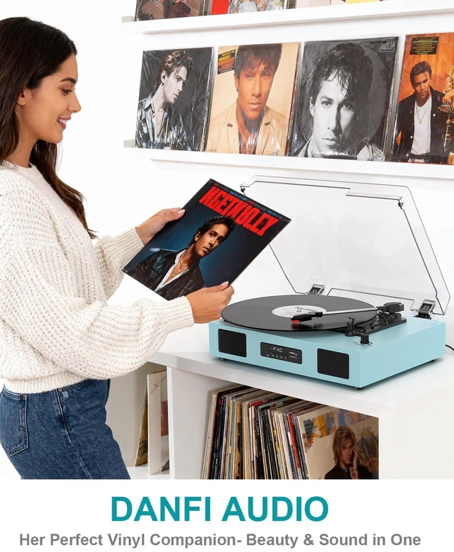Alt view image 5 of 7 - Vinyl Record Player with Speakers and Bluetooth, USB Recording, Blue 3-Speed Belt-Drive Turntable, SD card/USB/LED Display, Built-in Stereo Speakers,RCA Output,Auto Stop for 7/10/12 Vinyl