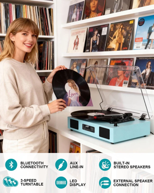 Alt view image 6 of 7 - Vinyl Record Player with Speakers and Bluetooth, USB Recording, Blue 3-Speed Belt-Drive Turntable, SD card/USB/LED Display, Built-in Stereo Speakers,RCA Output,Auto Stop for 7/10/12 Vinyl