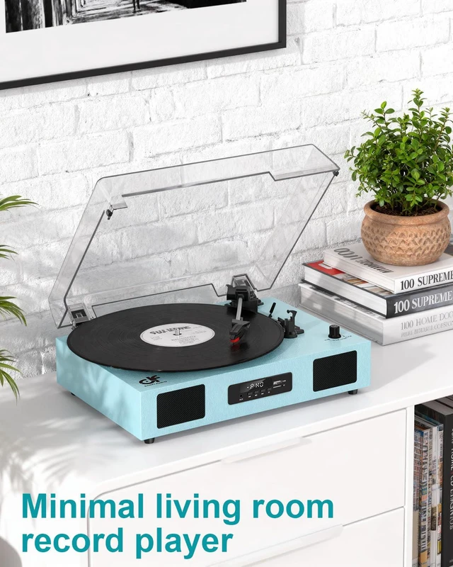 Alt view image 7 of 7 - Vinyl Record Player with Speakers and Bluetooth, USB Recording, Blue 3-Speed Belt-Drive Turntable, SD card/USB/LED Display, Built-in Stereo Speakers,RCA Output,Auto Stop for 7/10/12 Vinyl