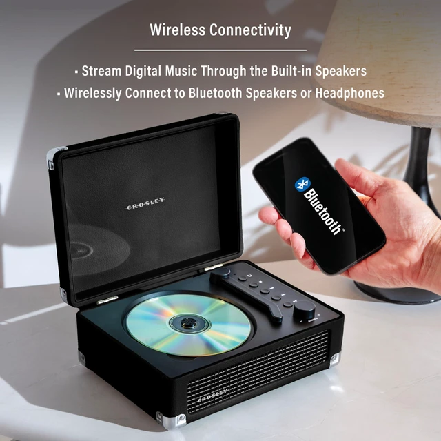 Alt view image 5 of 7 - CR3505A-BK Cruiser CD Player, Black Tonearm-Inspired Power Switch, Bluetooth In / Out, Built-in Full-Range Stereo Speakers