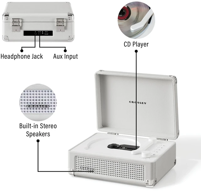 Alt view image 4 of 7 - CR3505A-WS Cruiser CD Player, White Sand Tonearm-Inspired Power Switch, Bluetooth In / Out, Built-in Full-Range Stereo Speakers