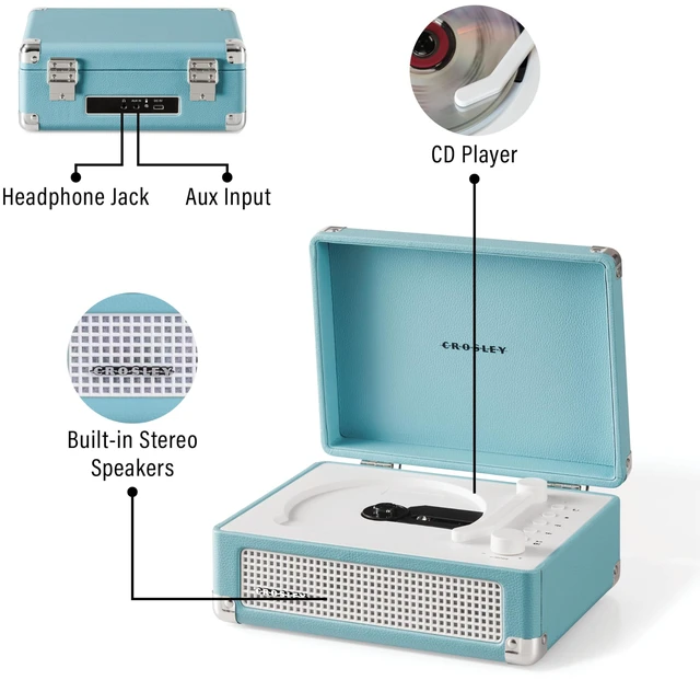 Alt view image 4 of 7 - CR3505A-TU Cruiser CD Player, Turquoise Tonearm-Inspired Power Switch, Bluetooth In / Out, Built-in Full-Range Stereo Speakers