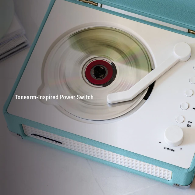 Alt view image 3 of 7 - CR3505A-TU Cruiser CD Player, Turquoise Tonearm-Inspired Power Switch, Bluetooth In / Out, Built-in Full-Range Stereo Speakers