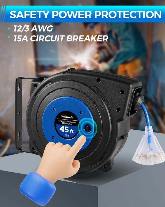 Alt view image 2 of 7 - Retractable Extension Cord Reel, 45 FT Heavy Duty Power Cord, 12AWG/3C SJTOW, 3 Grounded Outlets Lighted Triple Tap, 15 Amp Circuit Breaker, UL Listed, Blue U45CR06