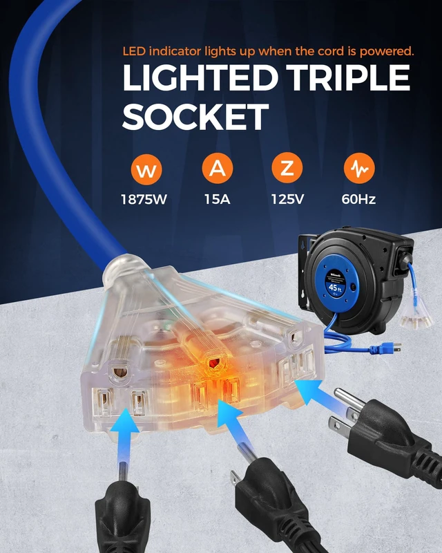 Alt view image 3 of 7 - Retractable Extension Cord Reel, 45 FT Heavy Duty Power Cord, 12AWG/3C SJTOW, 3 Grounded Outlets Lighted Triple Tap, 15 Amp Circuit Breaker, UL Listed, Blue U45CR06