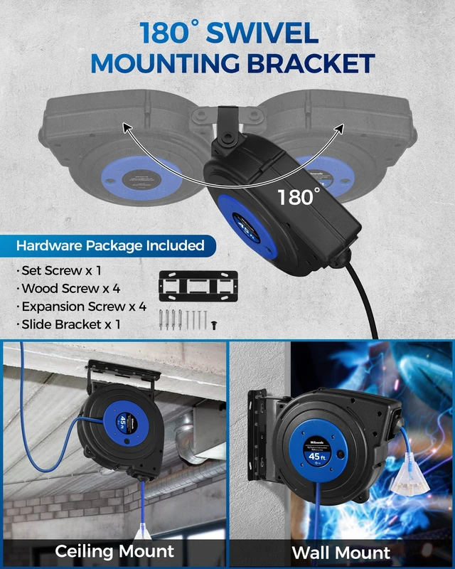 Alt view image 5 of 7 - Retractable Extension Cord Reel, 45 FT Heavy Duty Power Cord, 12AWG/3C SJTOW, 3 Grounded Outlets Lighted Triple Tap, 15 Amp Circuit Breaker, UL Listed, Blue U45CR06